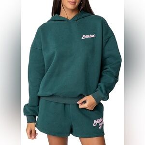 Edikted Forest Green Women's sporty small hoodie and xs shorts set.